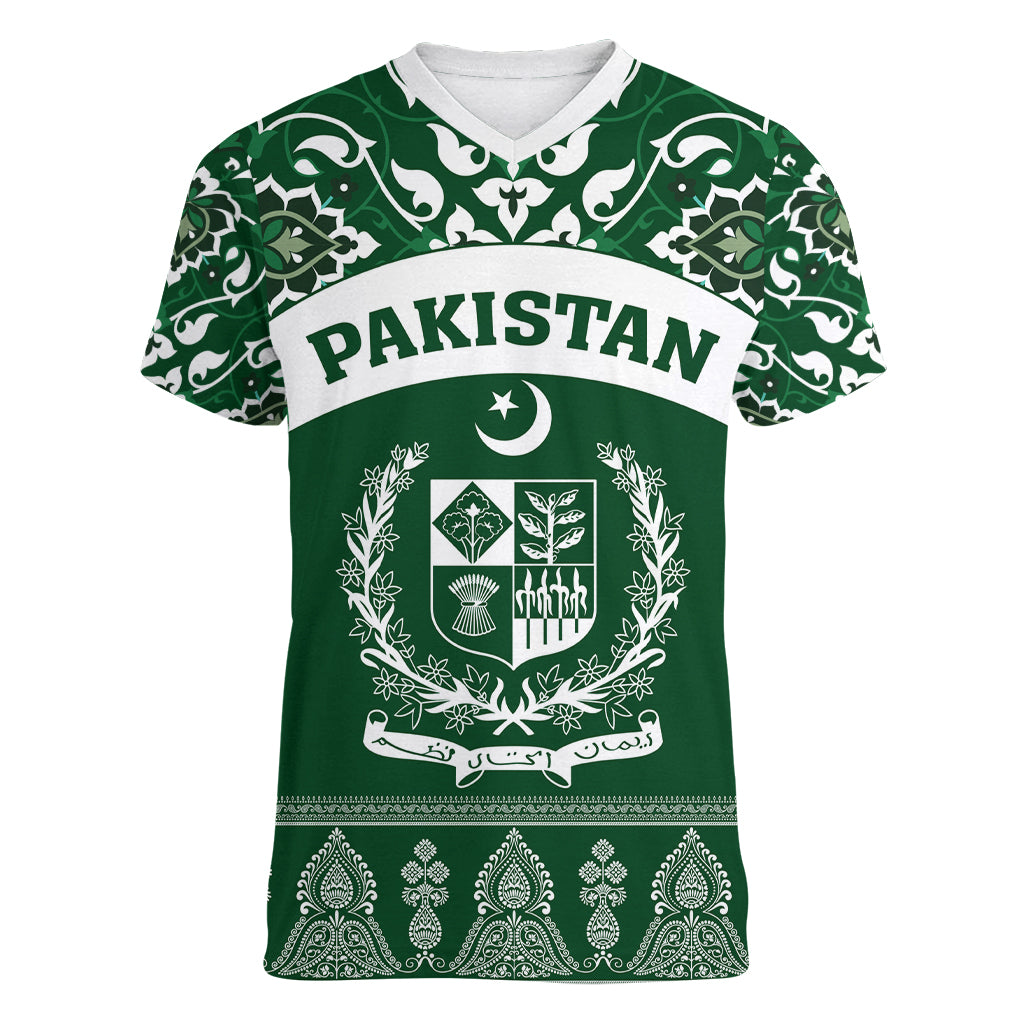 Pakistan Day Women V Neck T Shirt Coat Of Arms Mix Islamic Pattern - Wonder Print Shop