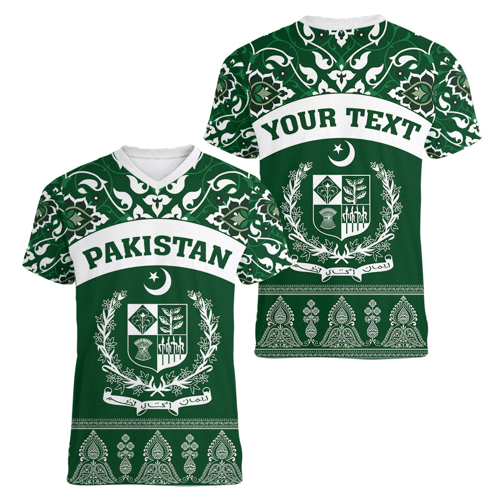 Pakistan Day Women V Neck T Shirt Coat Of Arms Mix Islamic Pattern - Wonder Print Shop