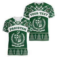 Pakistan Day Women V Neck T Shirt Coat Of Arms Mix Islamic Pattern - Wonder Print Shop