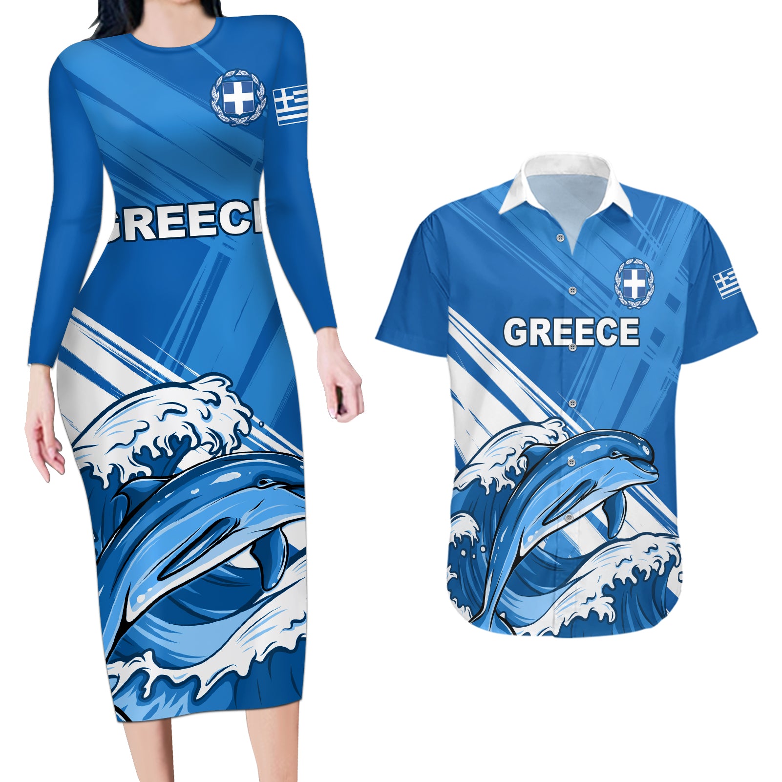 Greece Independence Day Couples Matching Long Sleeve Bodycon Dress and Hawaiian Shirt Eleftheria i Thanatos Dolphin Jumping