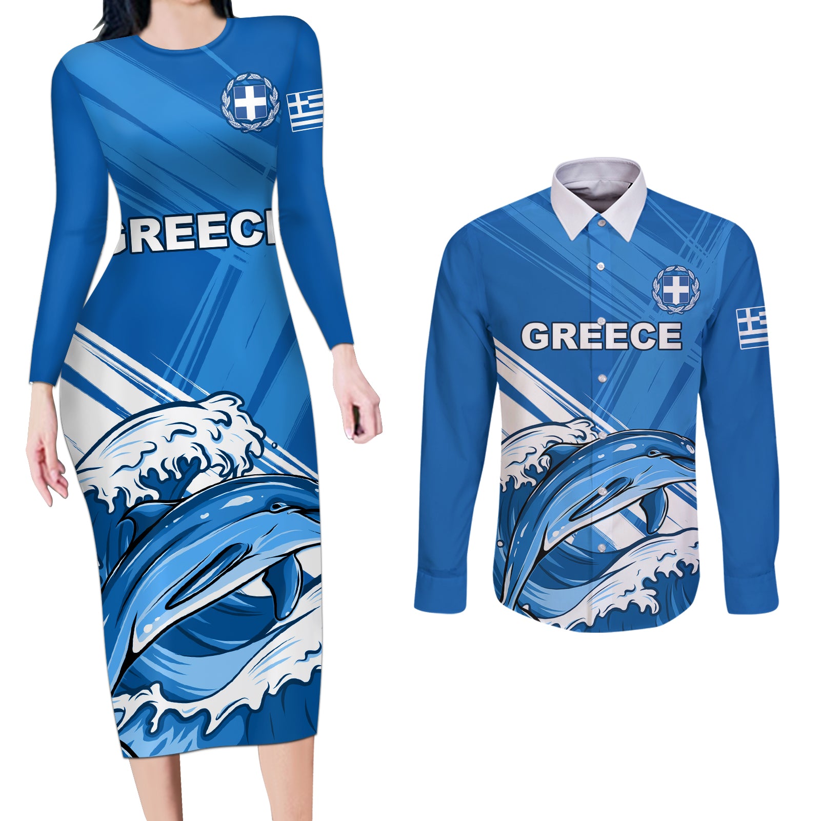 Greece Independence Day Couples Matching Long Sleeve Bodycon Dress and Long Sleeve Button Shirt Eleftheria i Thanatos Dolphin Jumping