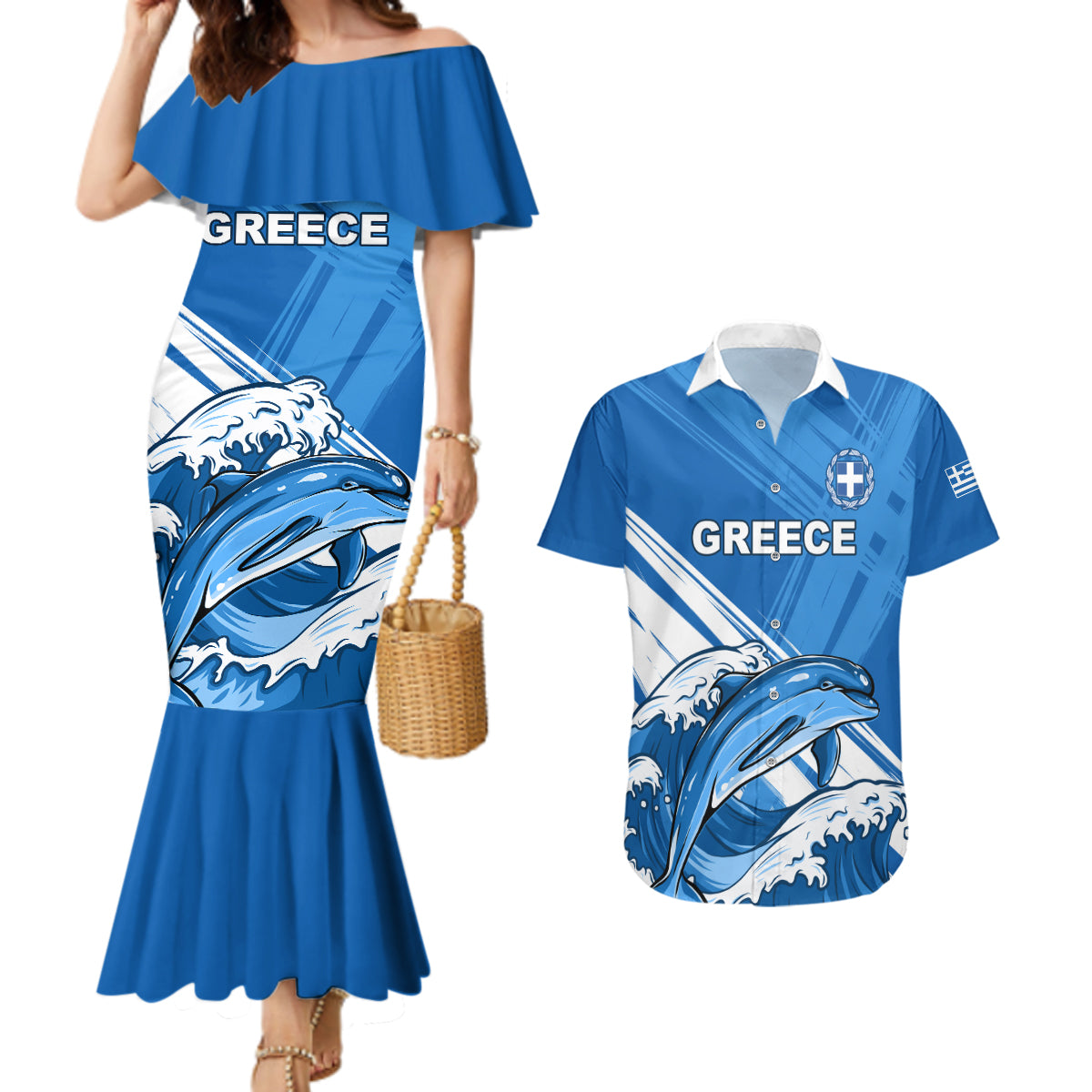 Greece Independence Day Couples Matching Mermaid Dress and Hawaiian Shirt Eleftheria i Thanatos Dolphin Jumping
