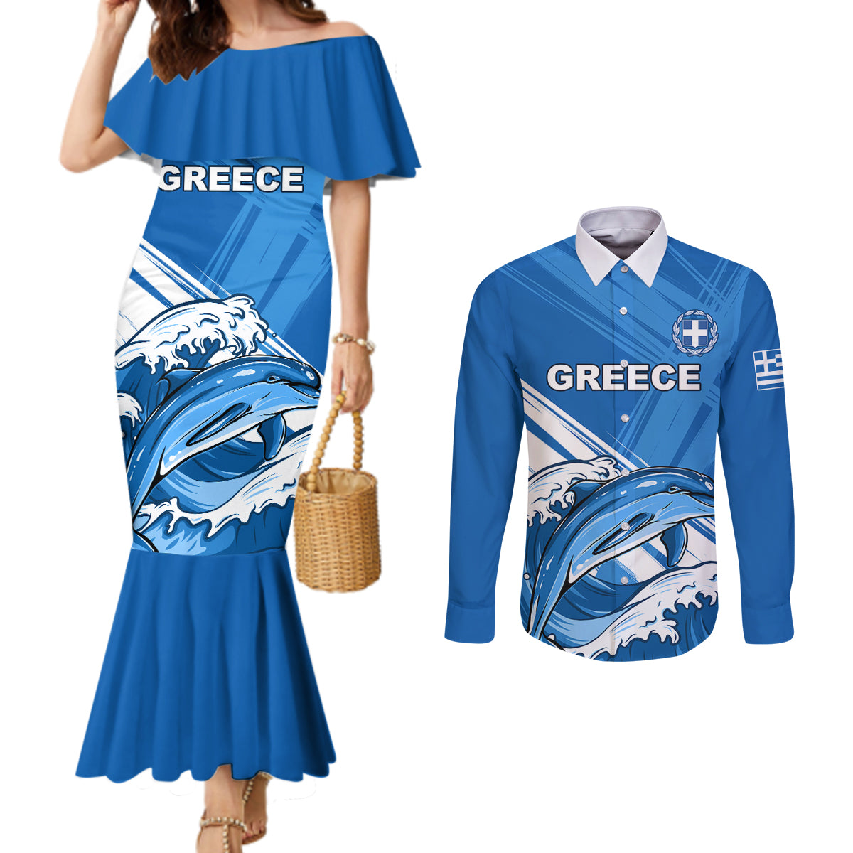 Greece Independence Day Couples Matching Mermaid Dress and Long Sleeve Button Shirt Eleftheria i Thanatos Dolphin Jumping