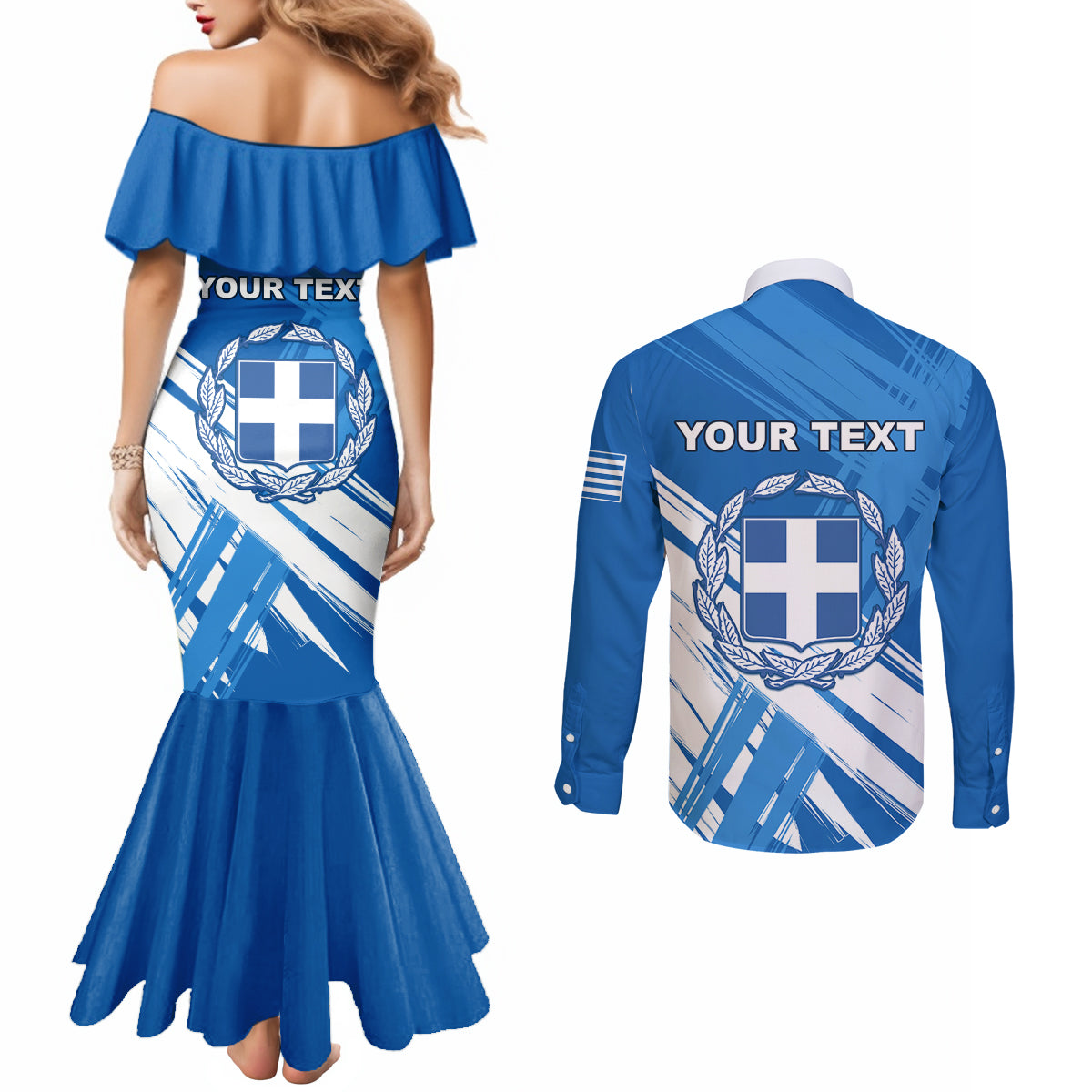 Greece Independence Day Couples Matching Mermaid Dress and Long Sleeve Button Shirt Eleftheria i Thanatos Dolphin Jumping