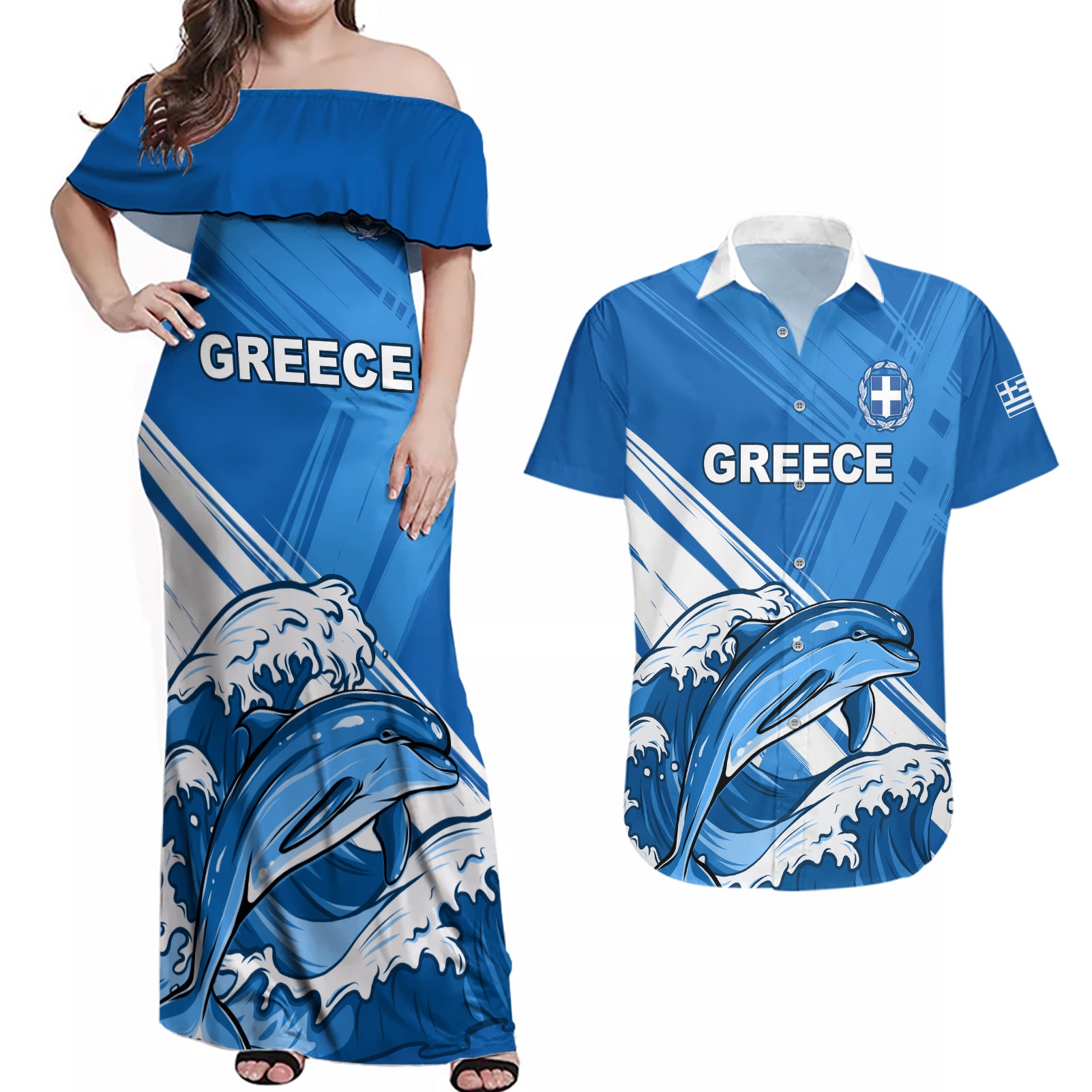Greece Independence Day Couples Matching Off Shoulder Maxi Dress and Hawaiian Shirt Eleftheria i Thanatos Dolphin Jumping