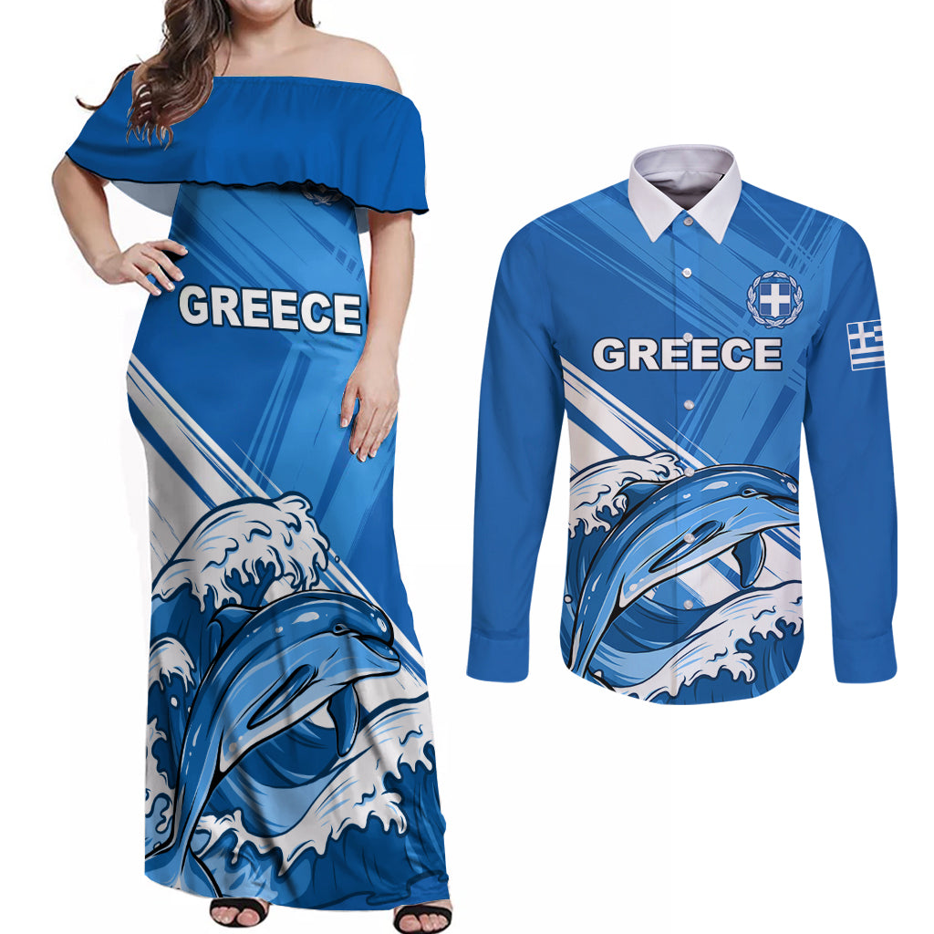 Greece Independence Day Couples Matching Off Shoulder Maxi Dress and Long Sleeve Button Shirt Eleftheria i Thanatos Dolphin Jumping