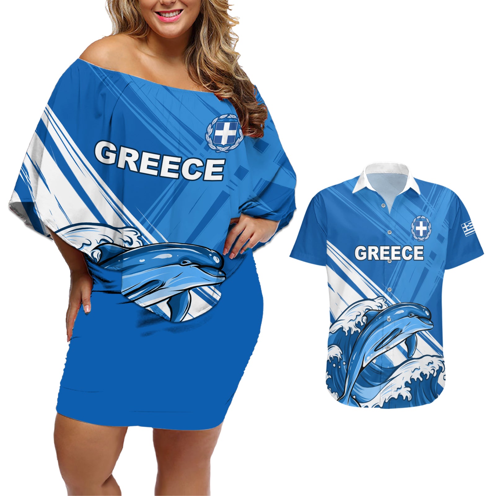 Greece Independence Day Couples Matching Off Shoulder Short Dress and Hawaiian Shirt Eleftheria i Thanatos Dolphin Jumping
