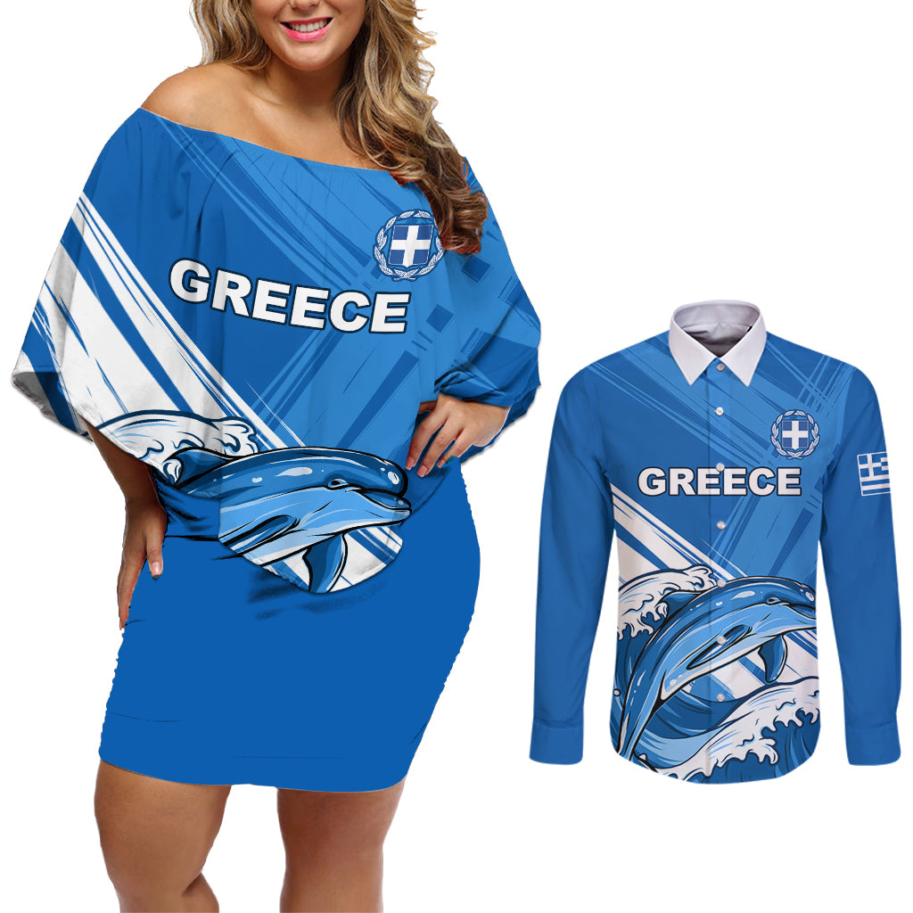 Greece Independence Day Couples Matching Off Shoulder Short Dress and Long Sleeve Button Shirt Eleftheria i Thanatos Dolphin Jumping