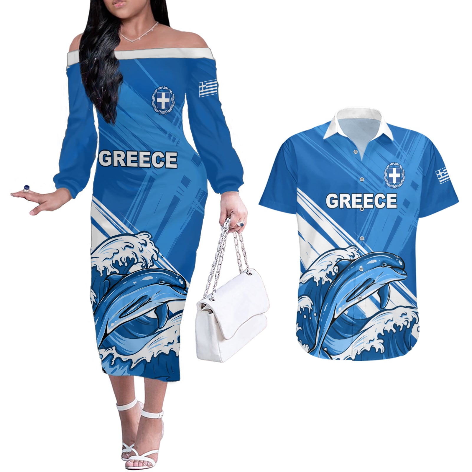 Greece Independence Day Couples Matching Off The Shoulder Long Sleeve Dress and Hawaiian Shirt Eleftheria i Thanatos Dolphin Jumping