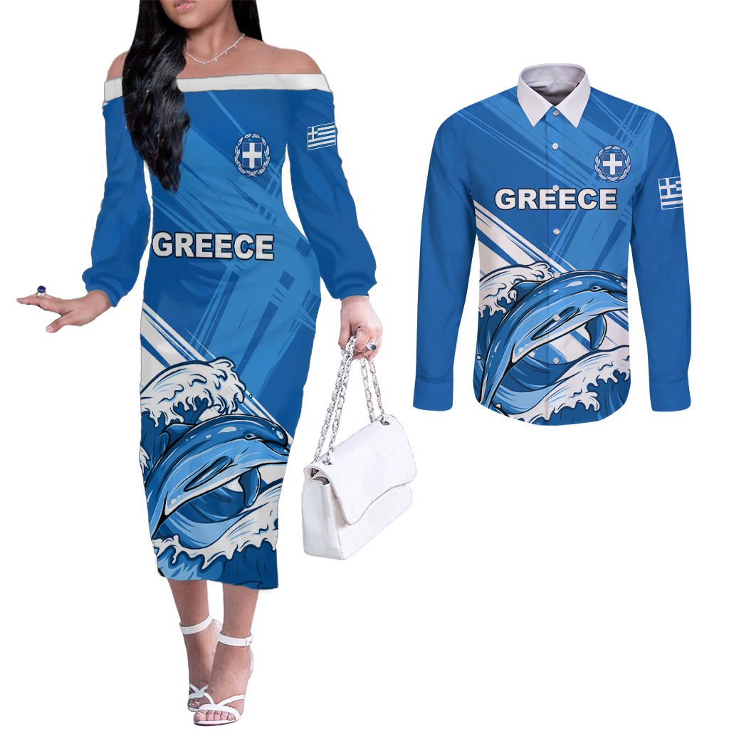Greece Independence Day Couples Matching Off The Shoulder Long Sleeve Dress and Long Sleeve Button Shirt Eleftheria i Thanatos Dolphin Jumping