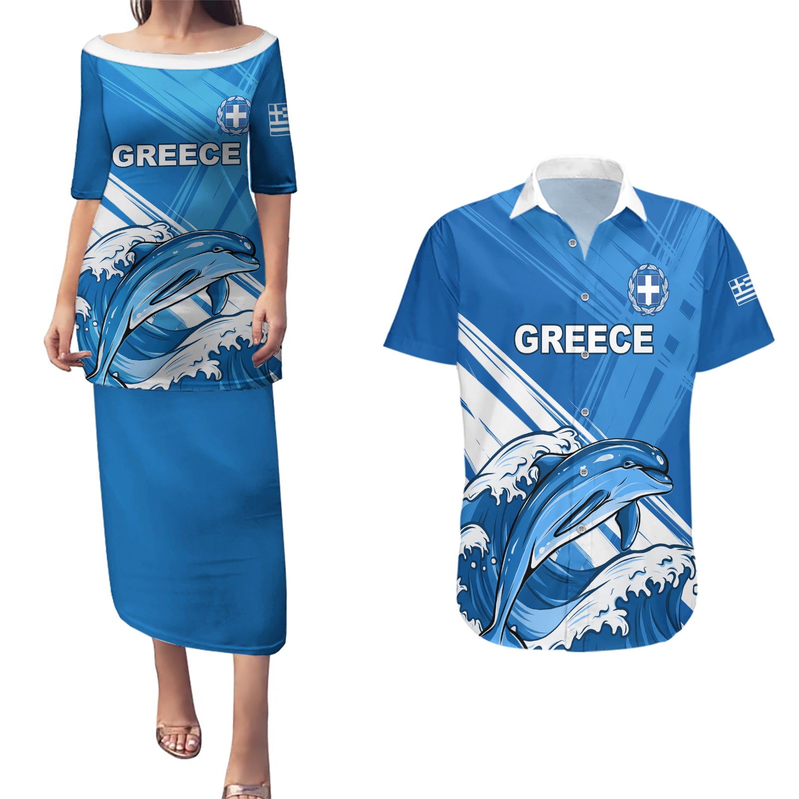 Greece Independence Day Couples Matching Puletasi and Hawaiian Shirt Eleftheria i Thanatos Dolphin Jumping