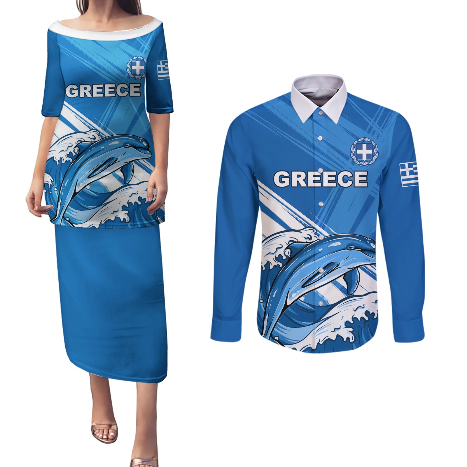 Greece Independence Day Couples Matching Puletasi and Long Sleeve Button Shirt Eleftheria i Thanatos Dolphin Jumping