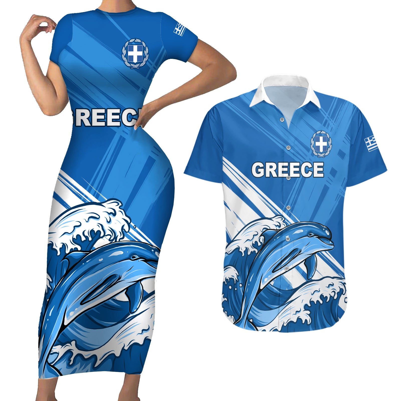 Greece Independence Day Couples Matching Short Sleeve Bodycon Dress and Hawaiian Shirt Eleftheria i Thanatos Dolphin Jumping