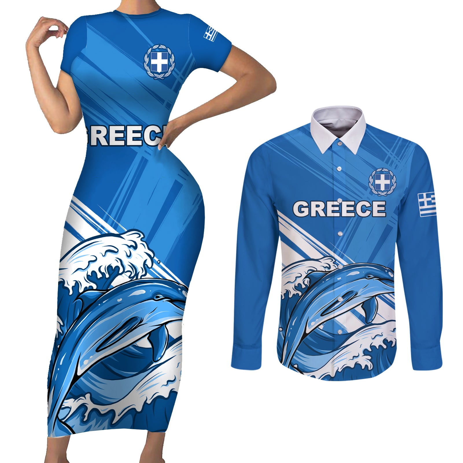 Greece Independence Day Couples Matching Short Sleeve Bodycon Dress and Long Sleeve Button Shirt Eleftheria i Thanatos Dolphin Jumping