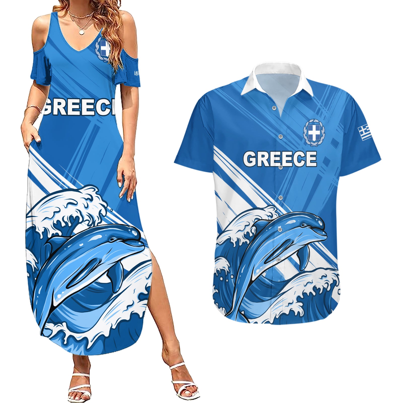 Greece Independence Day Couples Matching Summer Maxi Dress and Hawaiian Shirt Eleftheria i Thanatos Dolphin Jumping