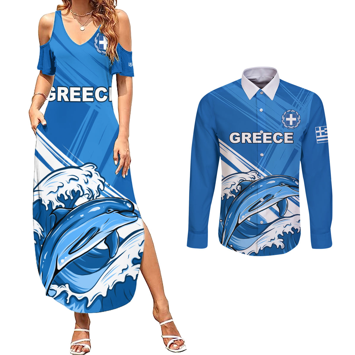 Greece Independence Day Couples Matching Summer Maxi Dress and Long Sleeve Button Shirt Eleftheria i Thanatos Dolphin Jumping