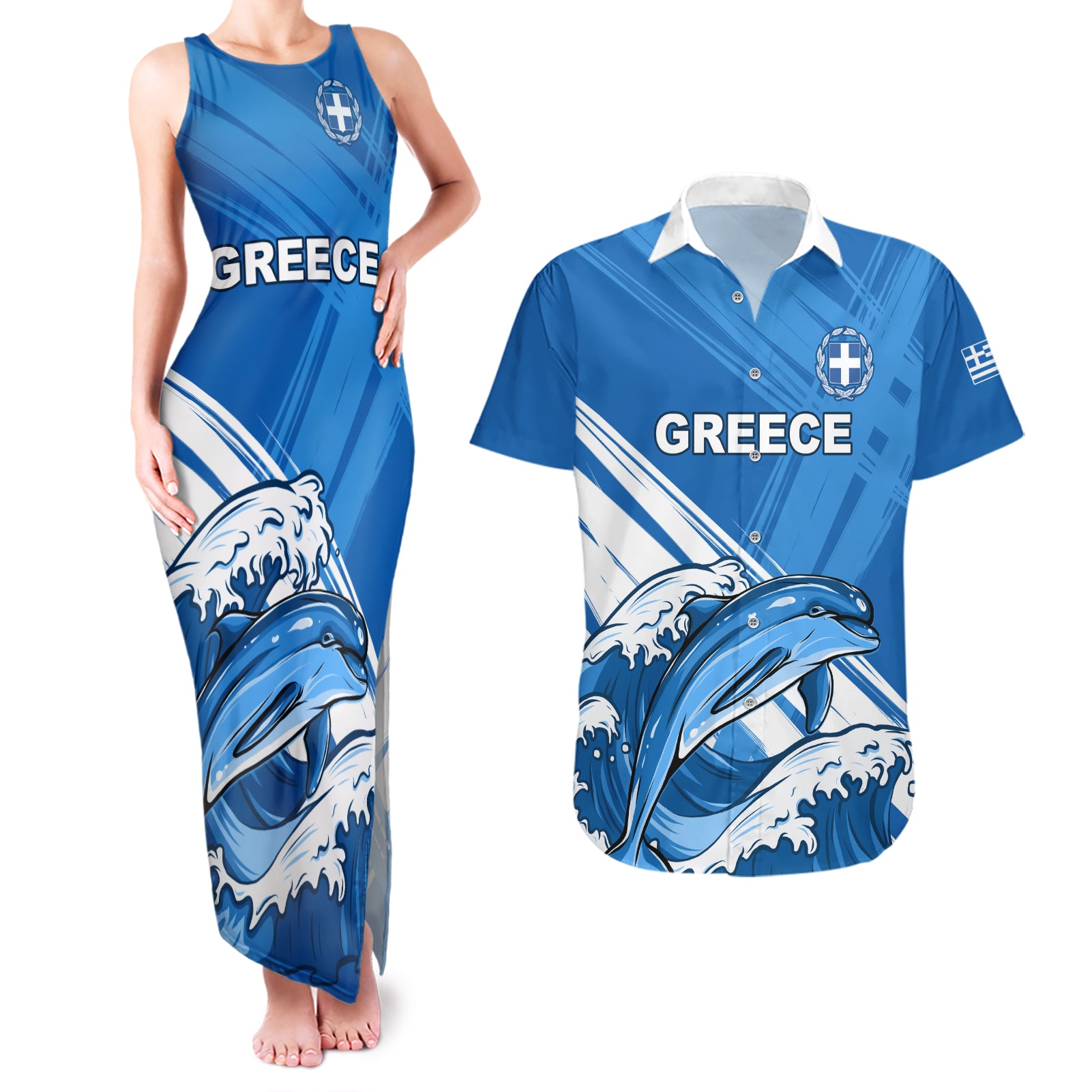 Greece Independence Day Couples Matching Tank Maxi Dress and Hawaiian Shirt Eleftheria i Thanatos Dolphin Jumping
