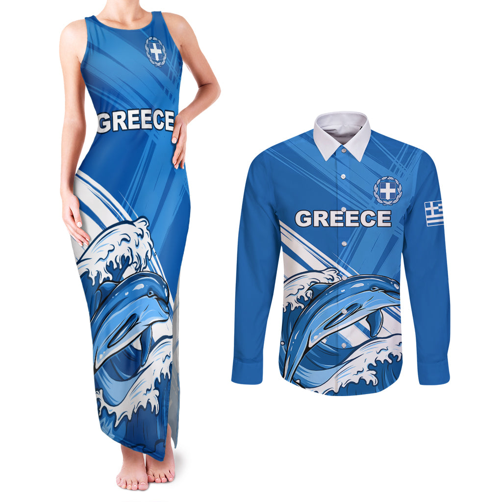Greece Independence Day Couples Matching Tank Maxi Dress and Long Sleeve Button Shirt Eleftheria i Thanatos Dolphin Jumping