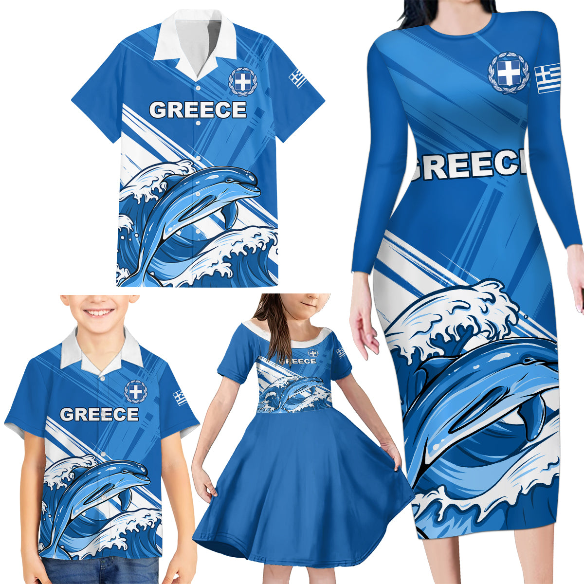 Greece Independence Day Family Matching Long Sleeve Bodycon Dress and Hawaiian Shirt Eleftheria i Thanatos Dolphin Jumping