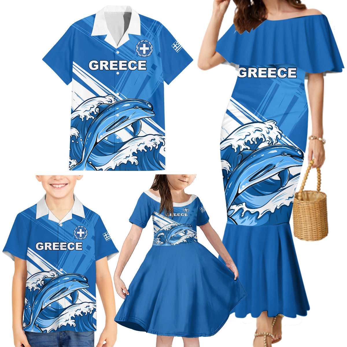 Greece Independence Day Family Matching Mermaid Dress and Hawaiian Shirt Eleftheria i Thanatos Dolphin Jumping