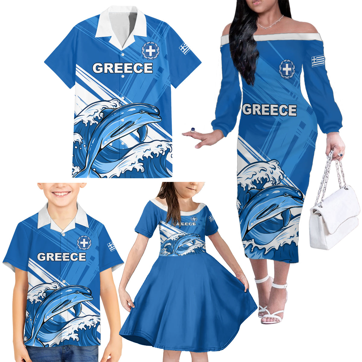Greece Independence Day Family Matching Off Shoulder Long Sleeve Dress and Hawaiian Shirt Eleftheria i Thanatos Dolphin Jumping