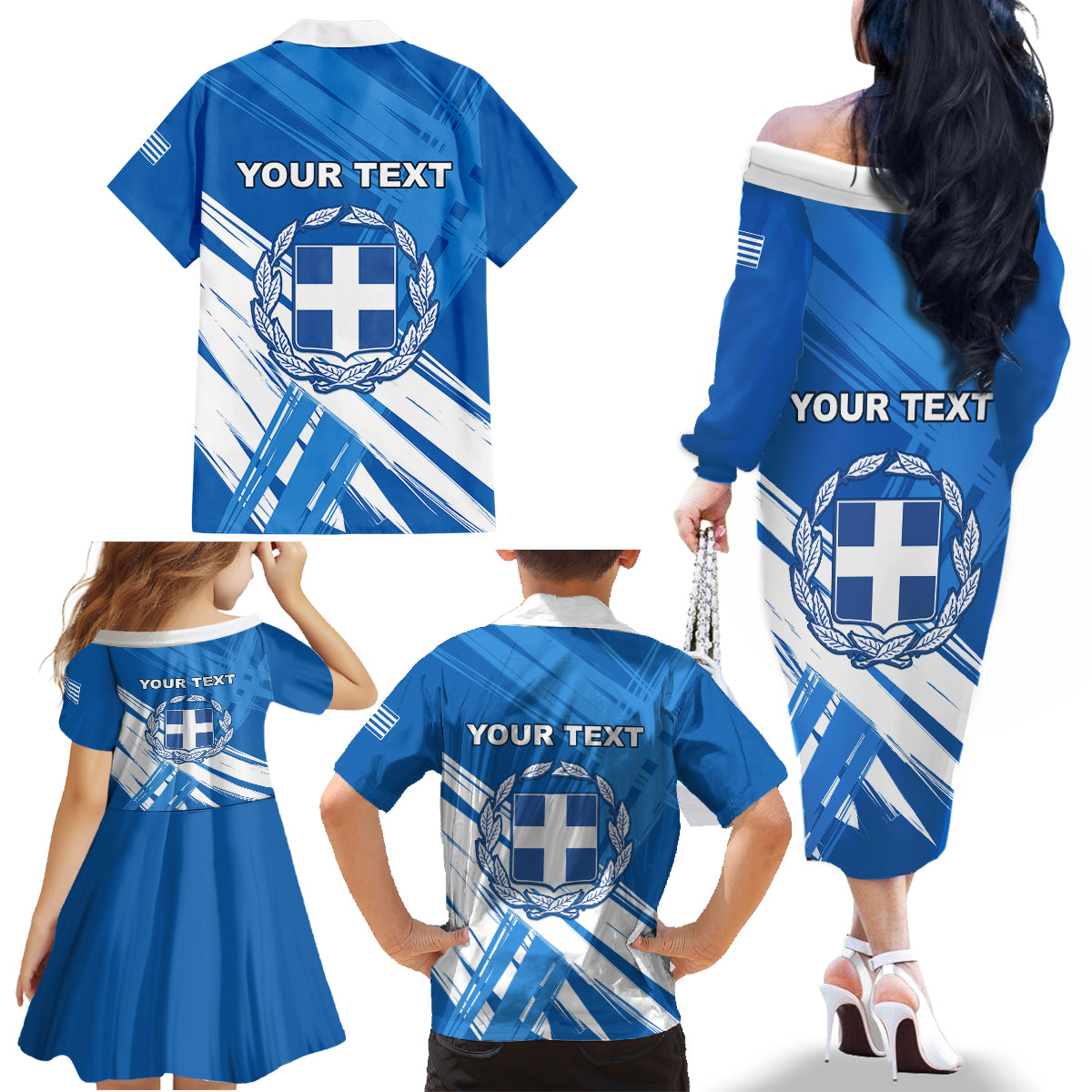 Greece Independence Day Family Matching Off Shoulder Long Sleeve Dress and Hawaiian Shirt Eleftheria i Thanatos Dolphin Jumping - Wonder Print Shop