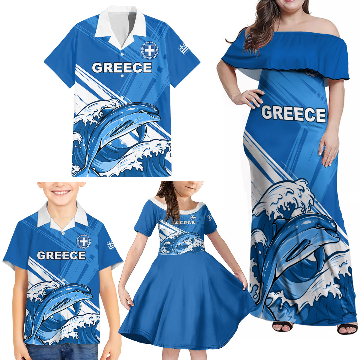 Greece Independence Day Family Matching Off Shoulder Maxi Dress and Hawaiian Shirt Eleftheria i Thanatos Dolphin Jumping