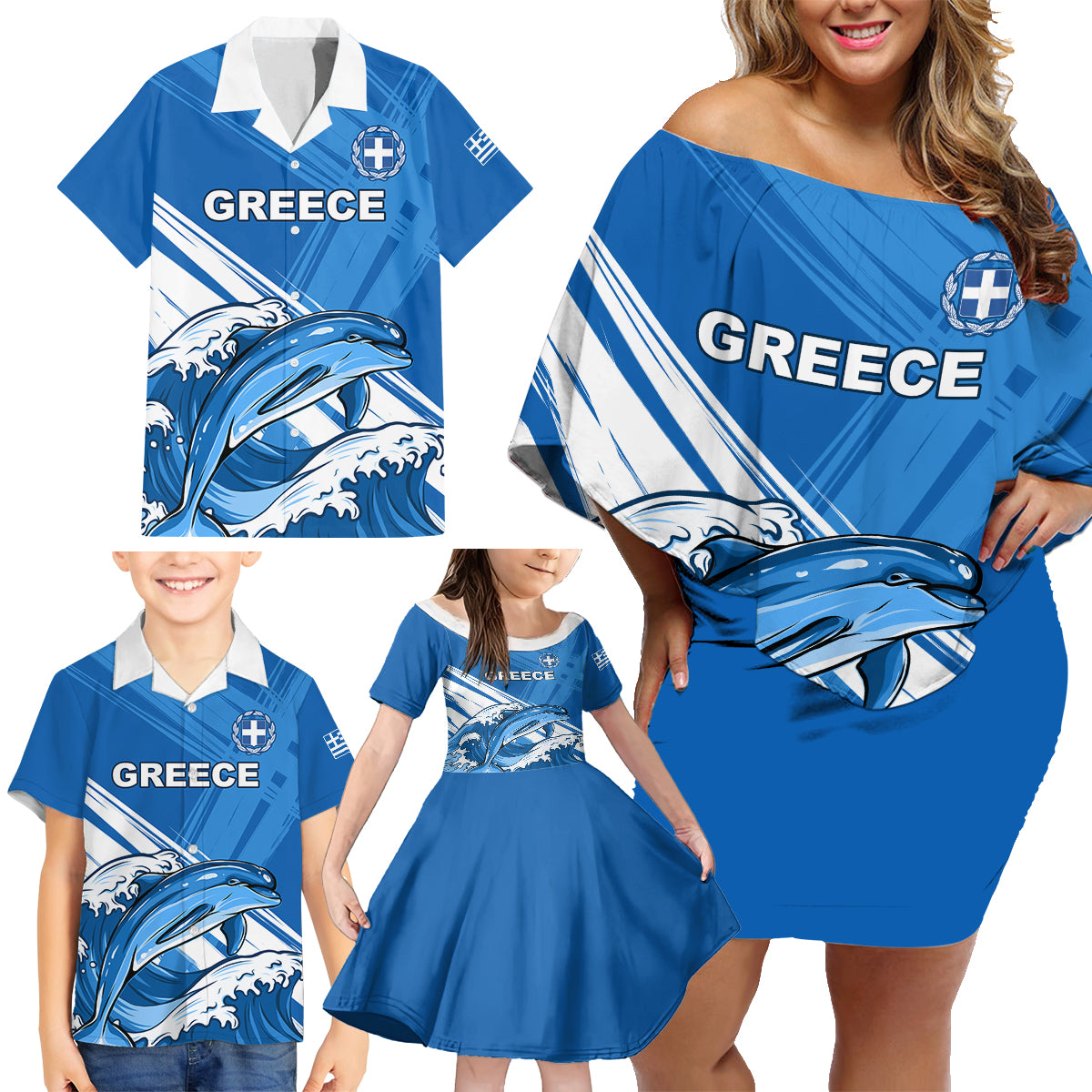 Greece Independence Day Family Matching Off Shoulder Short Dress and Hawaiian Shirt Eleftheria i Thanatos Dolphin Jumping