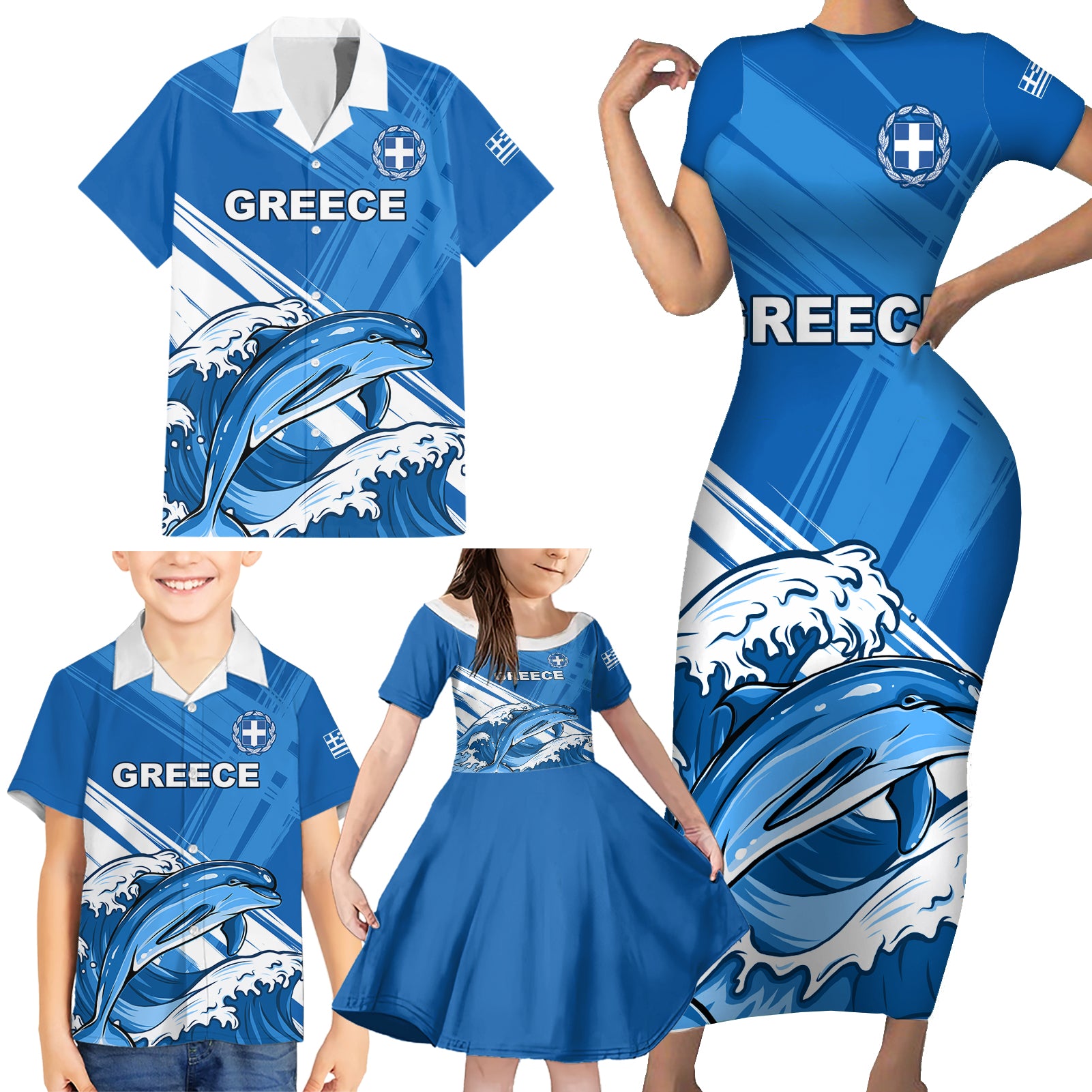 Greece Independence Day Family Matching Short Sleeve Bodycon Dress and Hawaiian Shirt Eleftheria i Thanatos Dolphin Jumping