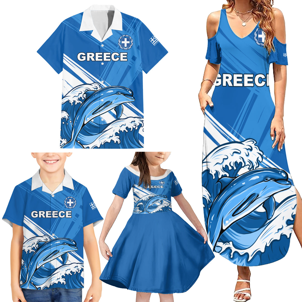 Greece Independence Day Family Matching Summer Maxi Dress and Hawaiian Shirt Eleftheria i Thanatos Dolphin Jumping