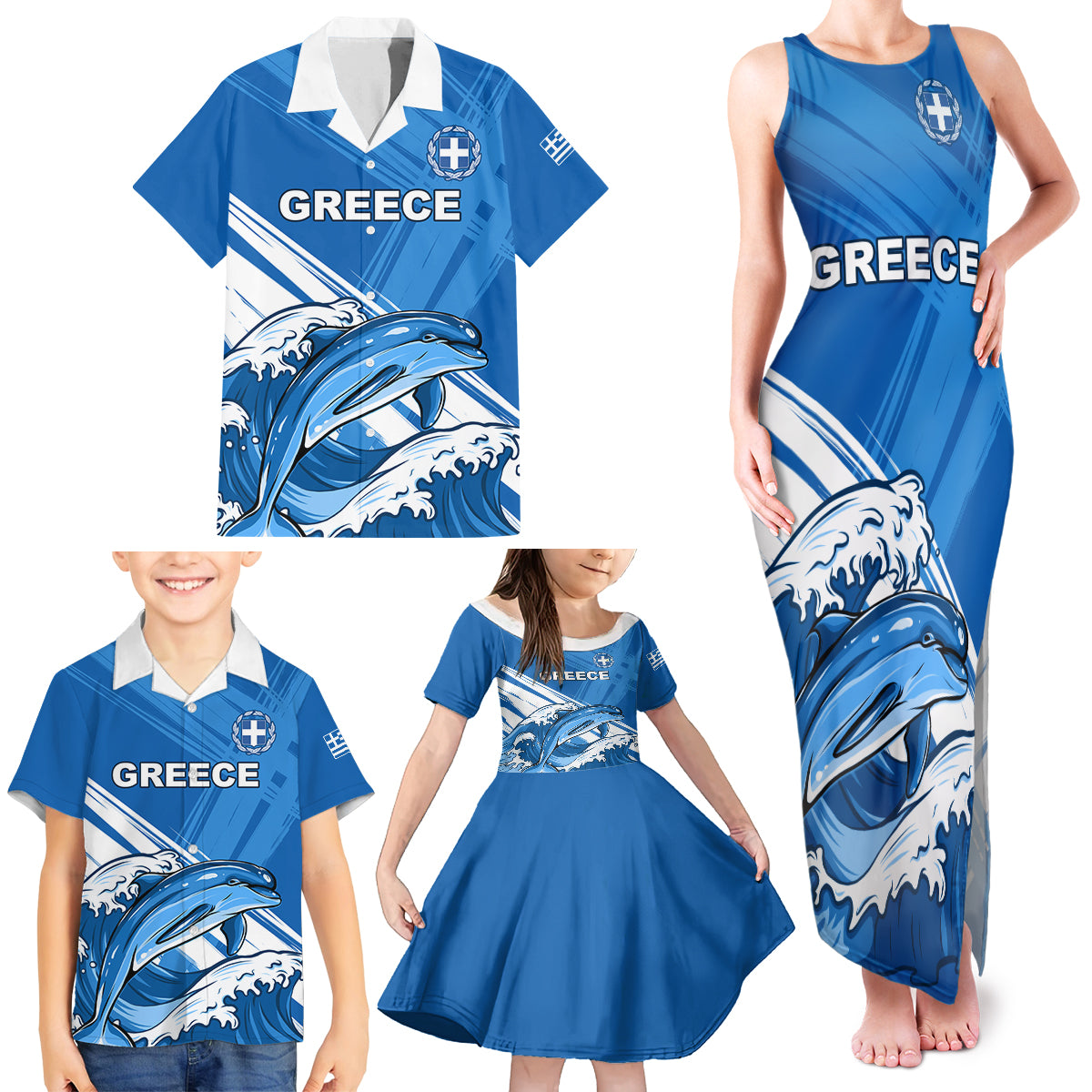 Greece Independence Day Family Matching Tank Maxi Dress and Hawaiian Shirt Eleftheria i Thanatos Dolphin Jumping