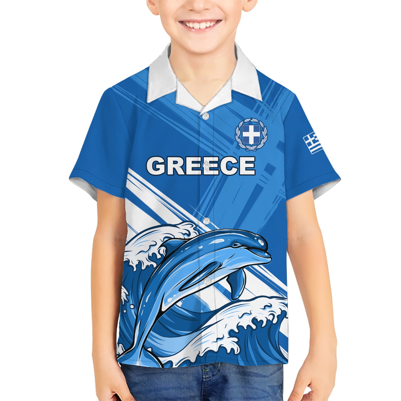 Greece Independence Day Kid Hawaiian Shirt Eleftheria i Thanatos Dolphin Jumping