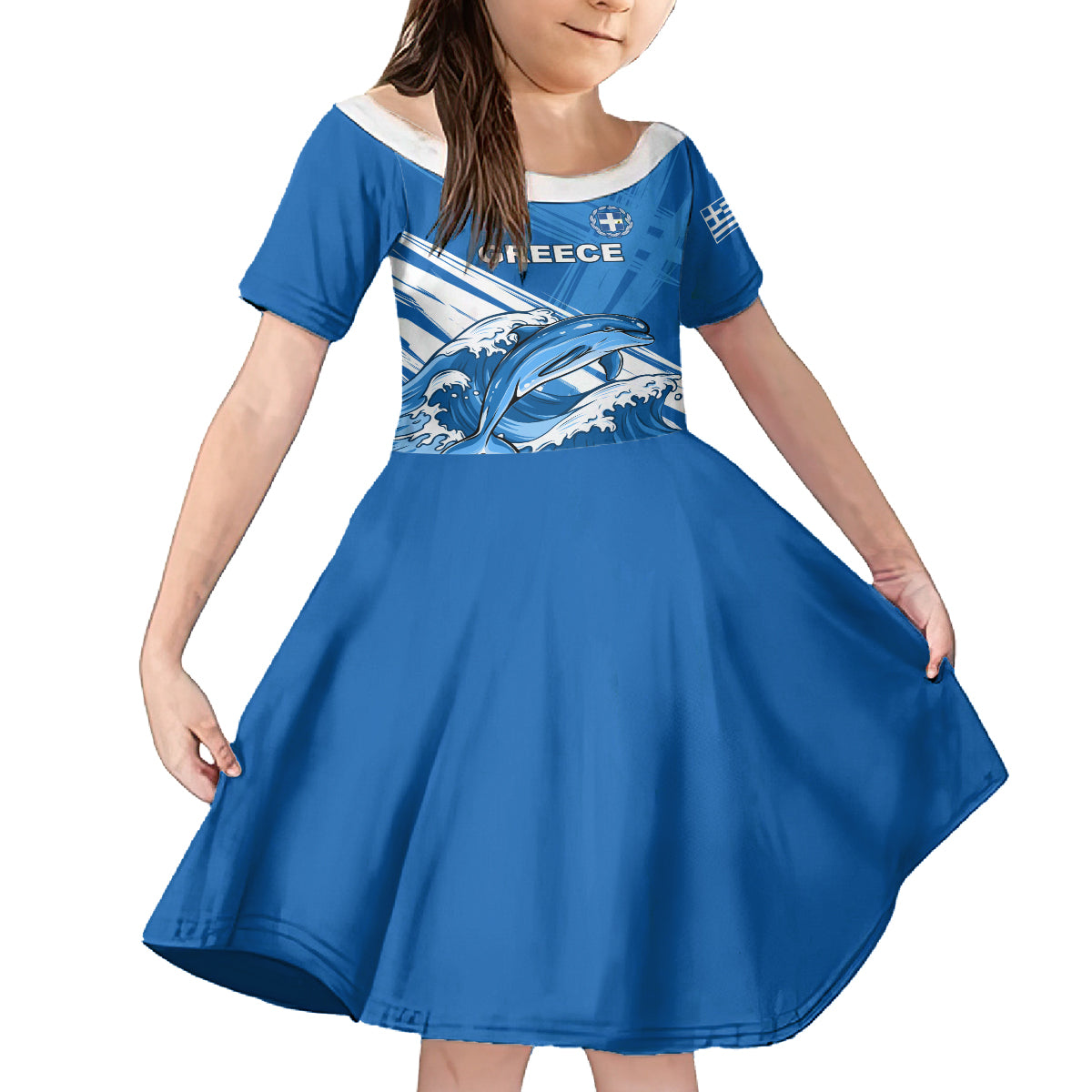 Greece Independence Day Kid Short Sleeve Dress Eleftheria i Thanatos Dolphin Jumping