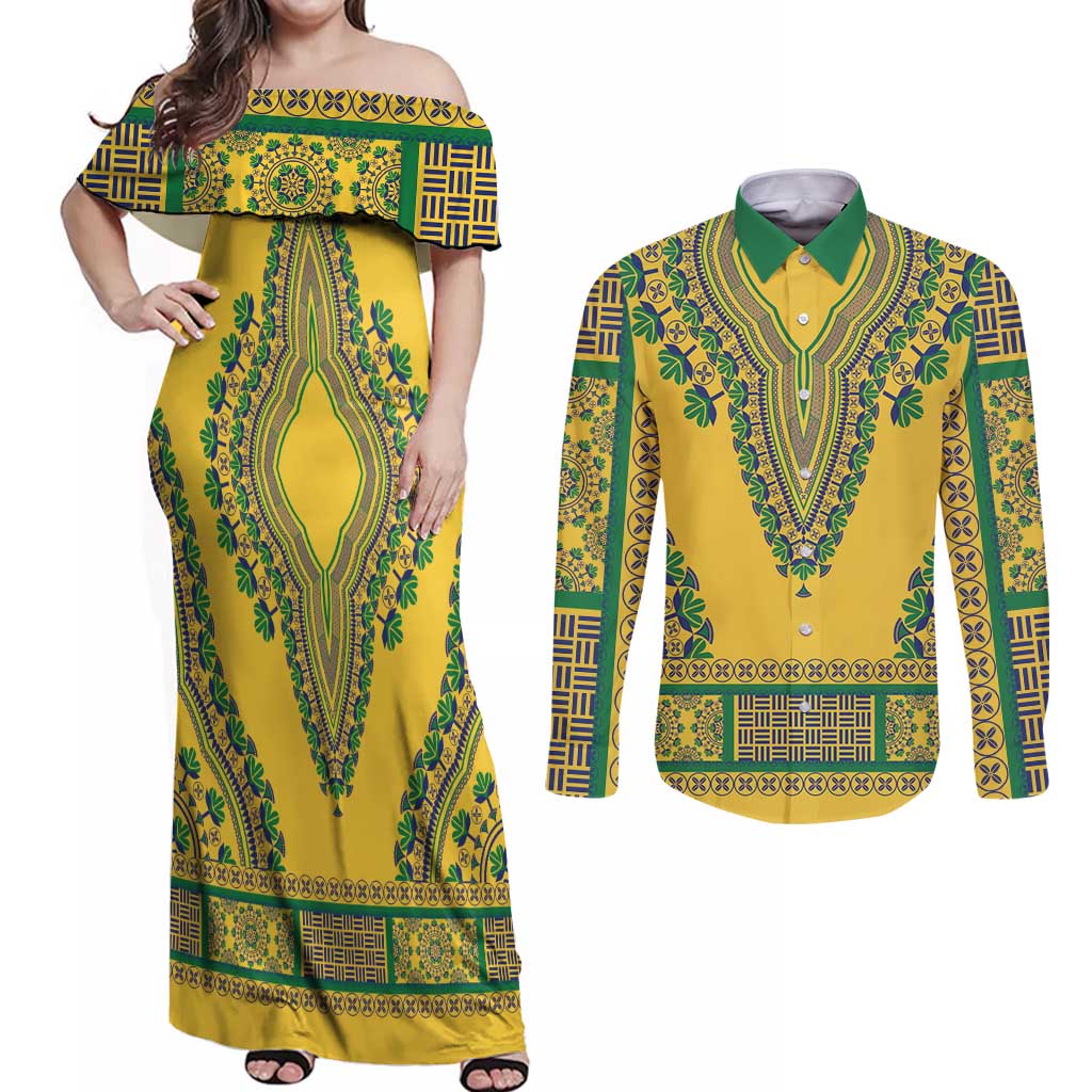 Grenadines Dashiki Couples Matching Off Shoulder Maxi Dress and Long Sleeve Button Shirt Proud To Be Grenadines