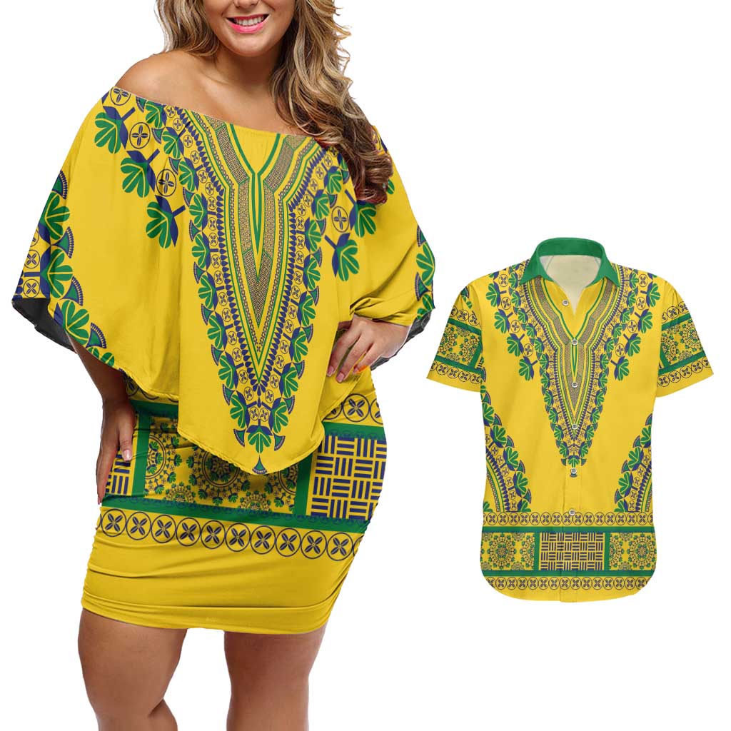 Grenadines Dashiki Couples Matching Off Shoulder Short Dress and Hawaiian Shirt Proud To Be Grenadines