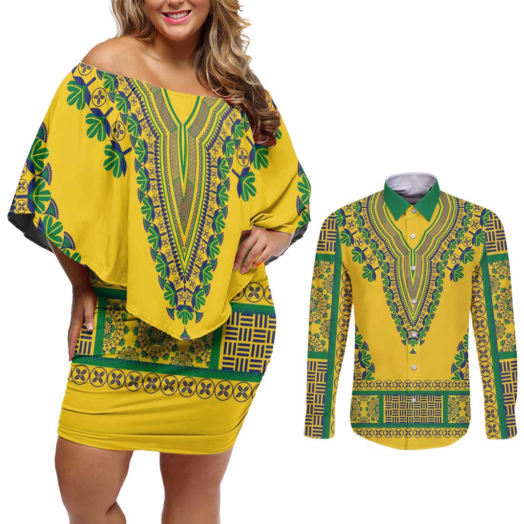 Grenadines Dashiki Couples Matching Off Shoulder Short Dress and Long Sleeve Button Shirt Proud To Be Grenadines