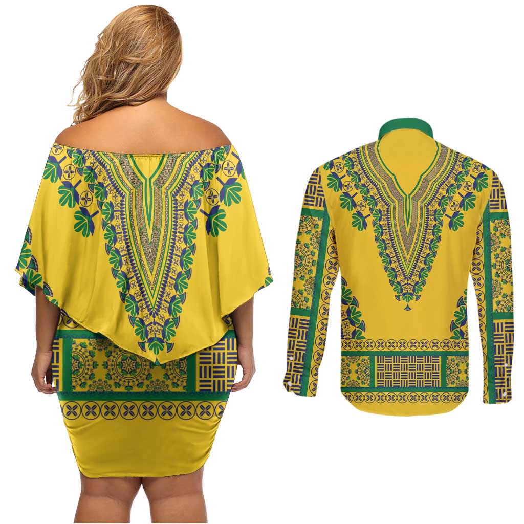Grenadines Dashiki Couples Matching Off Shoulder Short Dress and Long Sleeve Button Shirt Proud To Be Grenadines
