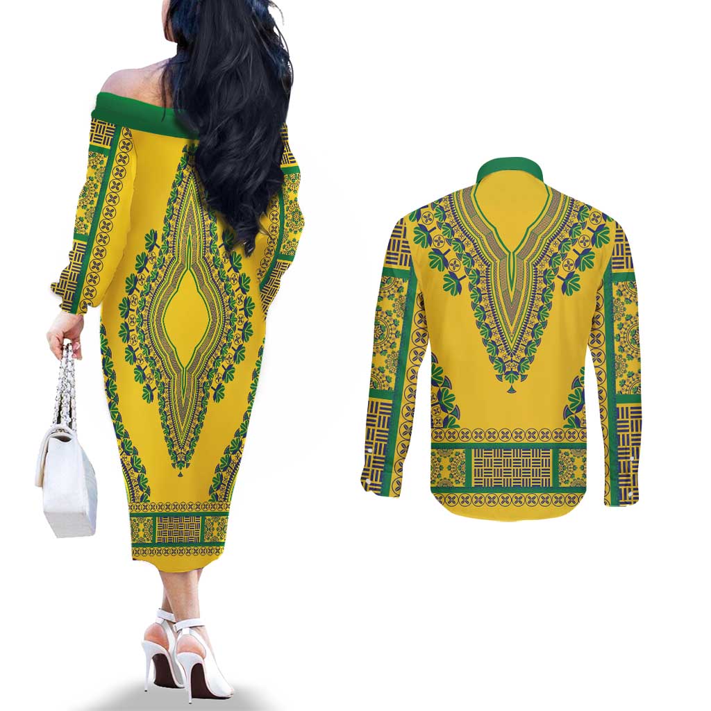 Grenadines Dashiki Couples Matching Off The Shoulder Long Sleeve Dress and Long Sleeve Button Shirt Proud To Be Grenadines