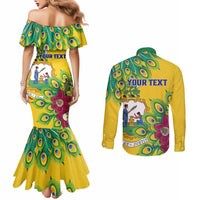 Personalized Saint Vincent and the Grenadines Couples Matching Mermaid Dress and Long Sleeve Button Shirt Stylized Peacock Feather Royal