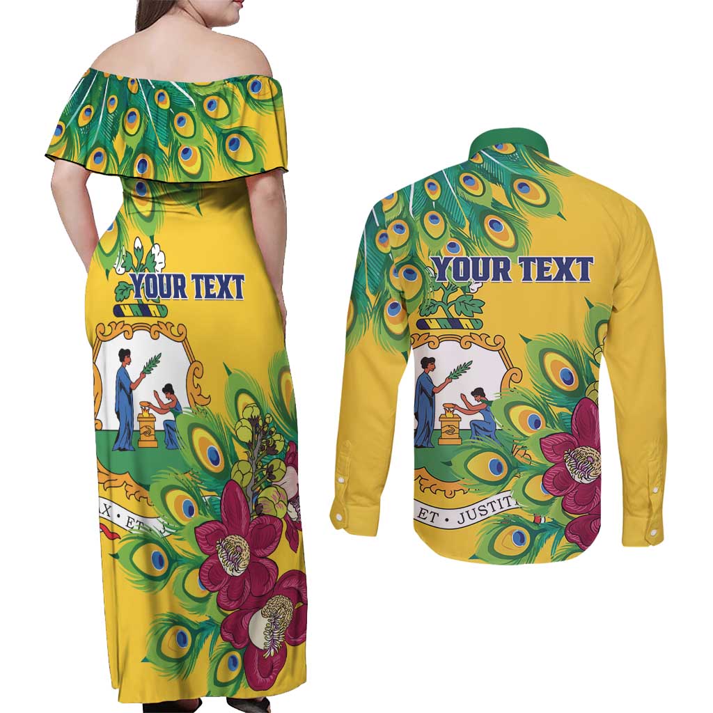 Personalized Saint Vincent and the Grenadines Couples Matching Off Shoulder Maxi Dress and Long Sleeve Button Shirt Stylized Peacock Feather Royal