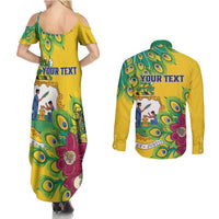 Personalized Saint Vincent and the Grenadines Couples Matching Summer Maxi Dress and Long Sleeve Button Shirt Stylized Peacock Feather Royal