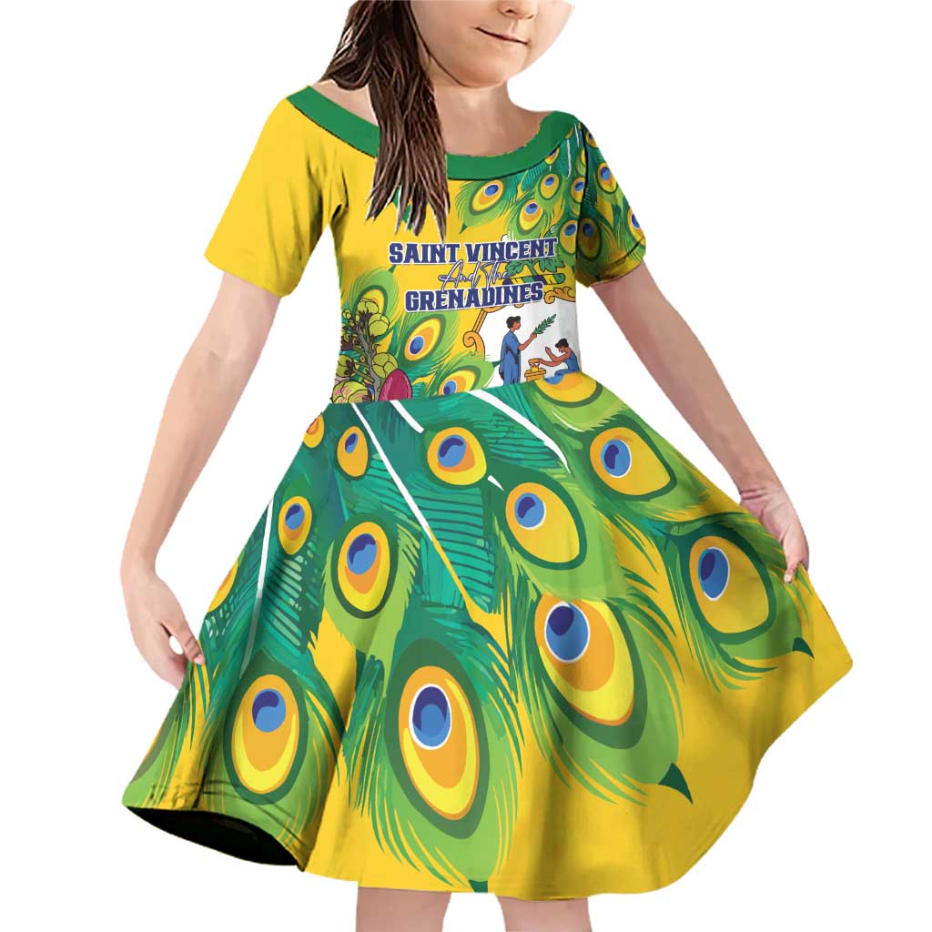 Personalized Saint Vincent and the Grenadines Family Matching Off Shoulder Short Dress and Hawaiian Shirt Stylized Peacock Feather Royal
