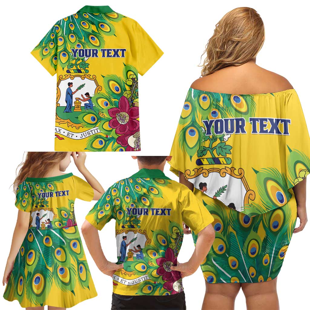 Personalized Saint Vincent and the Grenadines Family Matching Off Shoulder Short Dress and Hawaiian Shirt Stylized Peacock Feather Royal