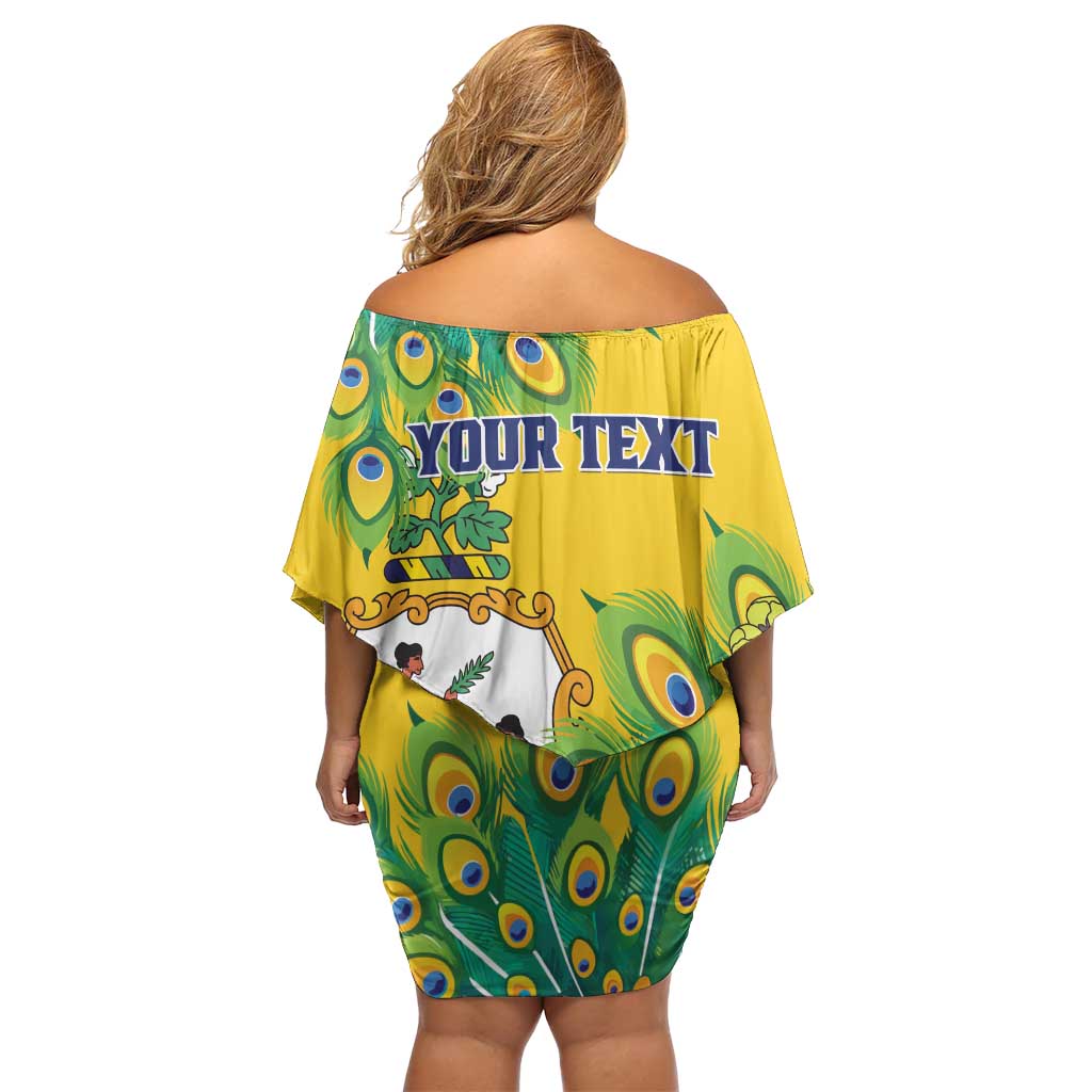 Personalized Saint Vincent and the Grenadines Family Matching Off Shoulder Short Dress and Hawaiian Shirt Stylized Peacock Feather Royal
