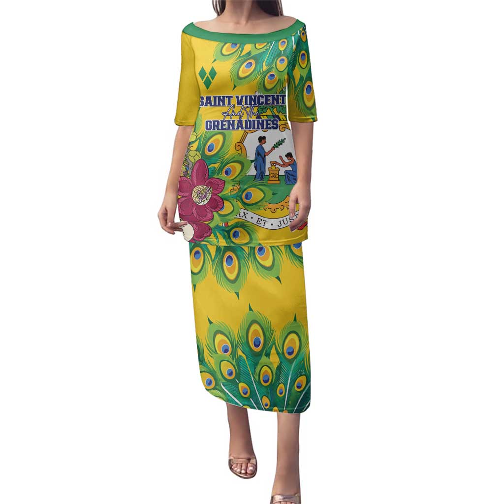 Personalized Saint Vincent and the Grenadines Family Matching Puletasi and Hawaiian Shirt Stylized Peacock Feather Royal