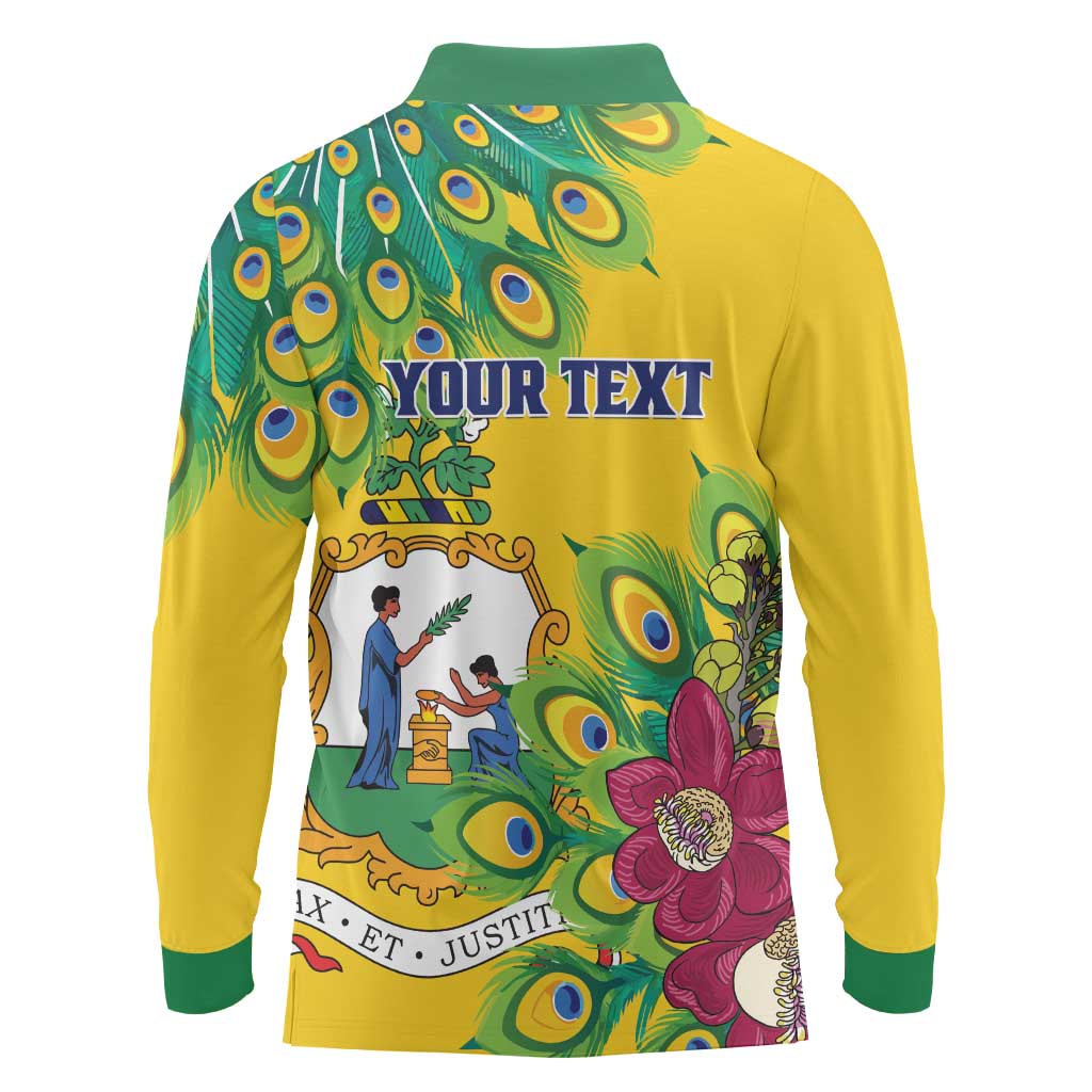 Personalized Saint Vincent and the Grenadines Long Sleeve Polo Shirt Stylized Peacock Feather Royal