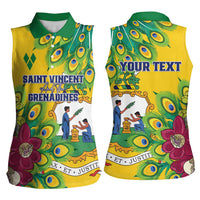 Personalized Saint Vincent and the Grenadines Women Sleeveless Polo Shirt Stylized Peacock Feather Royal - Wonder Print Shop