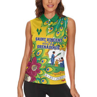 Personalized Saint Vincent and the Grenadines Women Sleeveless Polo Shirt Stylized Peacock Feather Royal - Wonder Print Shop