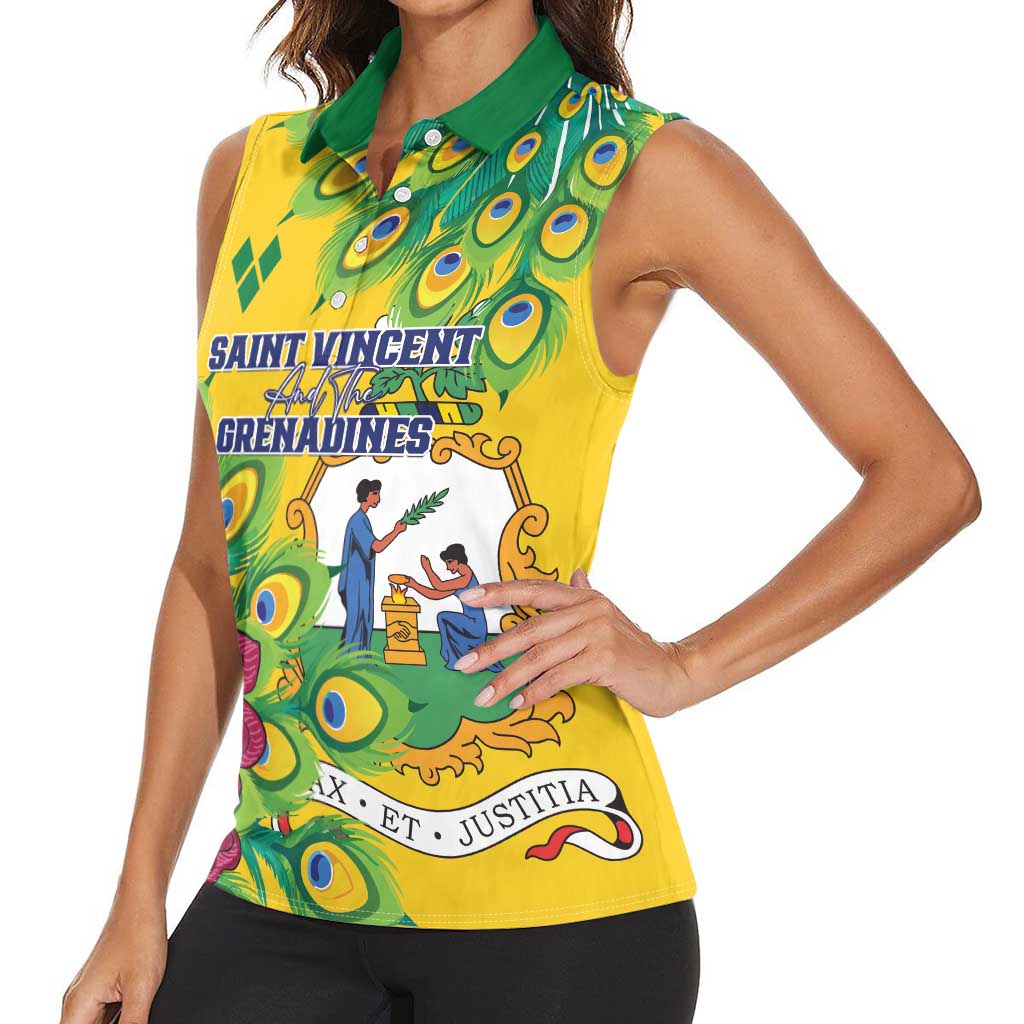 Personalized Saint Vincent and the Grenadines Women Sleeveless Polo Shirt Stylized Peacock Feather Royal - Wonder Print Shop