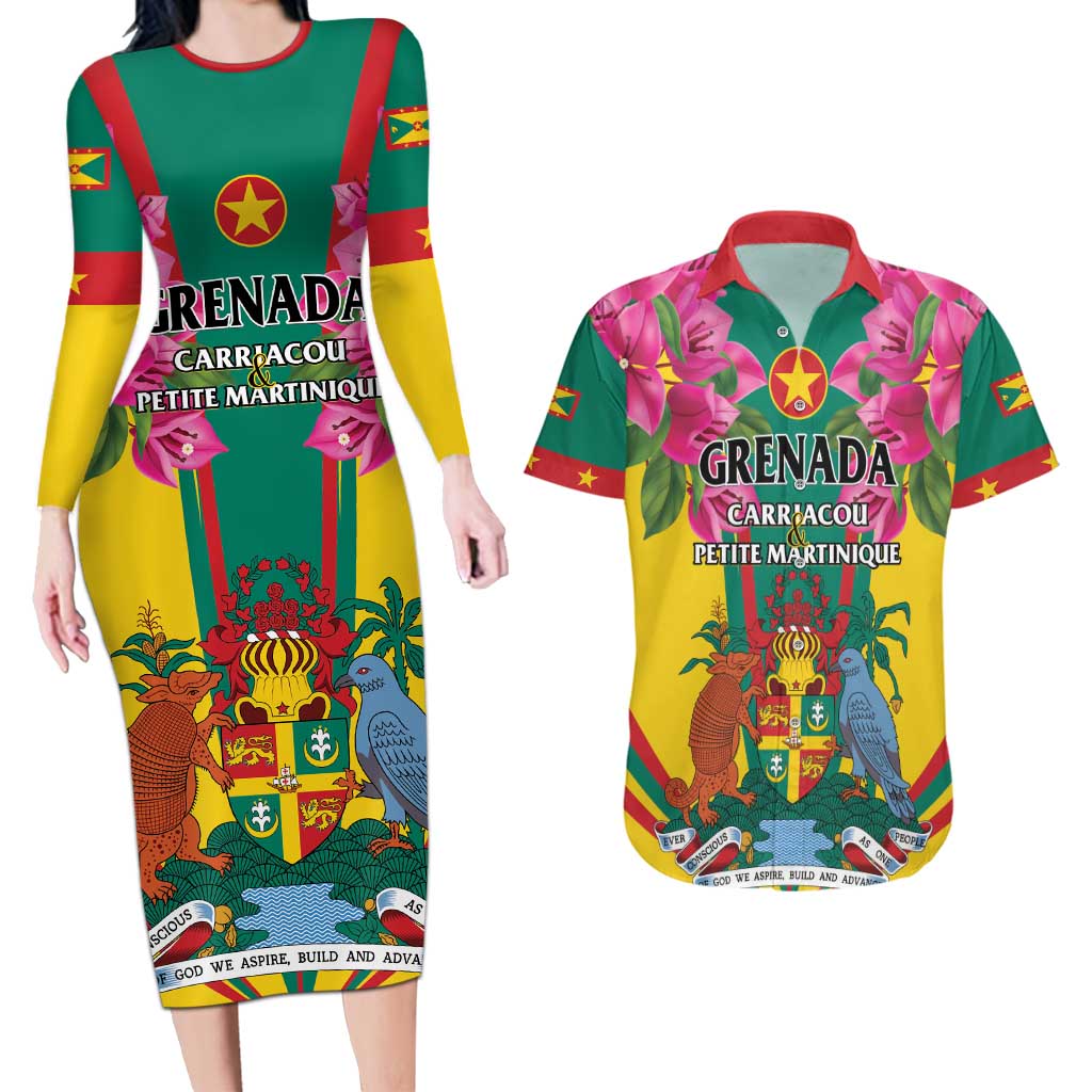 Personalized Carriacou and Petite Martinique Couples Matching Long Sleeve Bodycon Dress and Hawaiian Shirt Bougainvillea Flowers